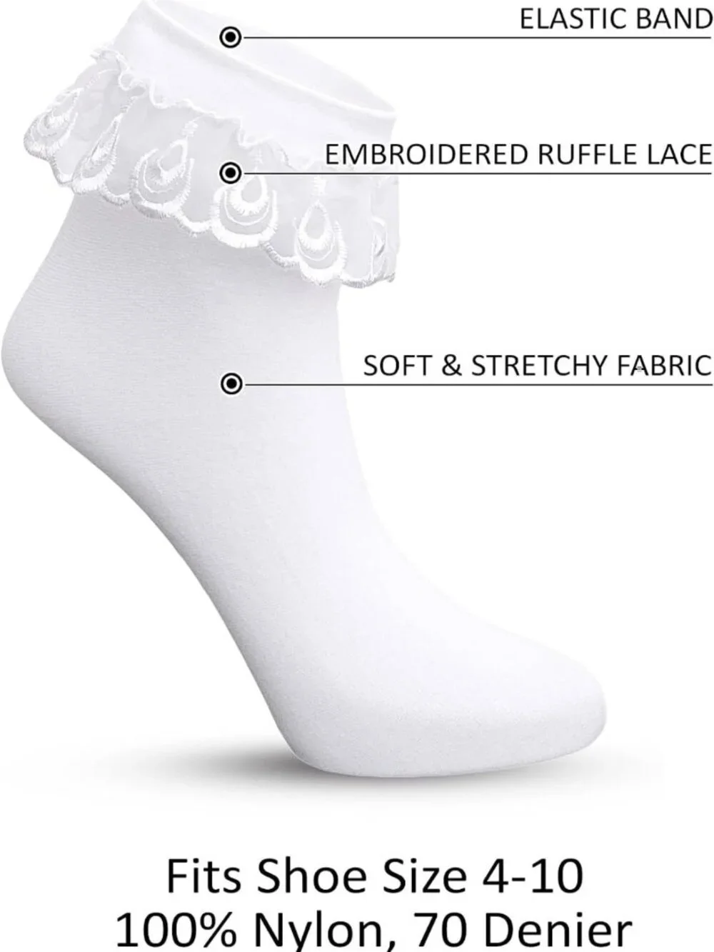 Frilly Ankle Socks with Ruffle Lace Trim - Stylish Nylon Socks for Women